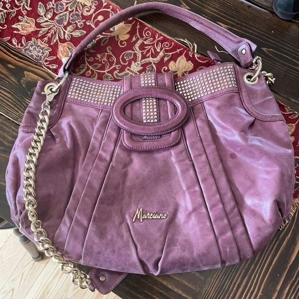 𝅺MARCIANO Studded Purple Leather Hollywood Goldtone Chain Crossbody